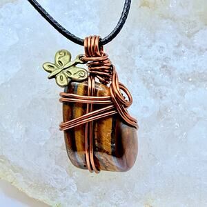 Tigers Eye Butterfly Pendant Necklace Hand Wrapped Copper Boho Artisan